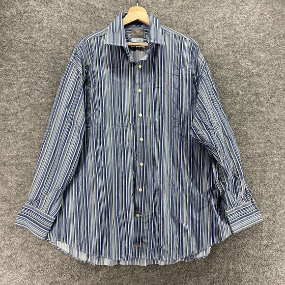 Thomas Dean Shirt Men 2XB Big Blue Striped Button Up Collared Long Sleeve Cotton - Picture 1 of 8